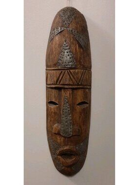Vintage Tribal Mask Handmade Wooden Wall Mask With Metal Accent Detailing 20 In
